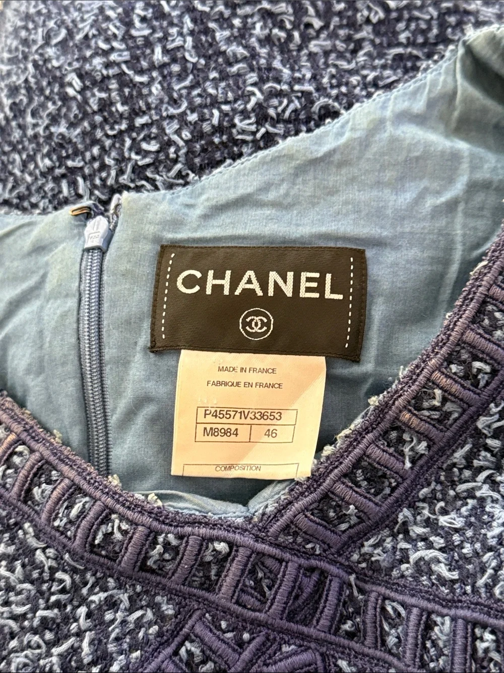 CHANEL Navy Textured V‑Neck Mini Dress